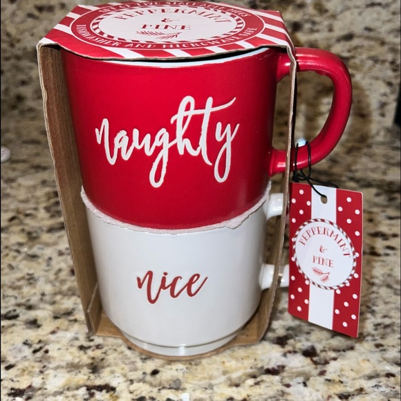 Peppermint & Pine • Naughty Nice Stackable Stonewear Mug Set • Red White • 18oz - Picture 1 of 9